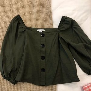 OLIVE GREEN button flowy top with sleeves